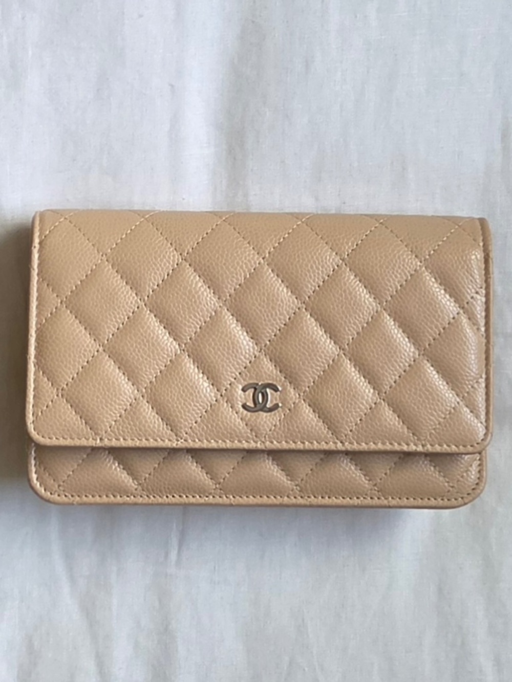 CHANEL Classic Wallet on Chain WOC Beige Caviar Silver Hardware